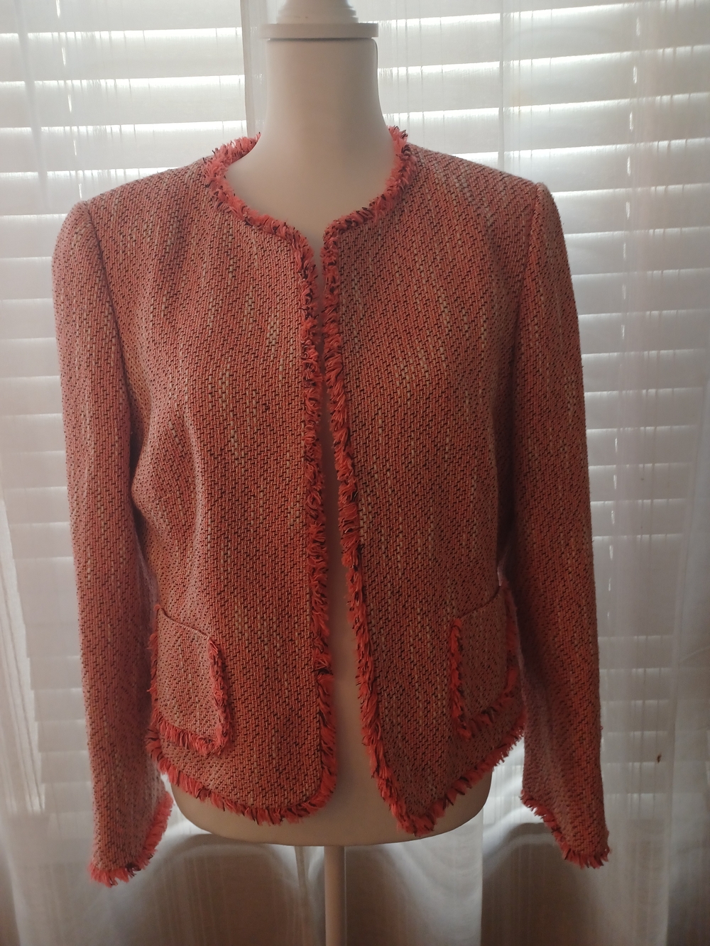 Tahari Orange Tweed Collarless Blazer Frayed Trim Cotton Blend